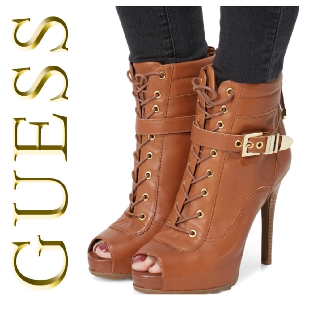 GUESS Bieinda leather peep toe lace up booties